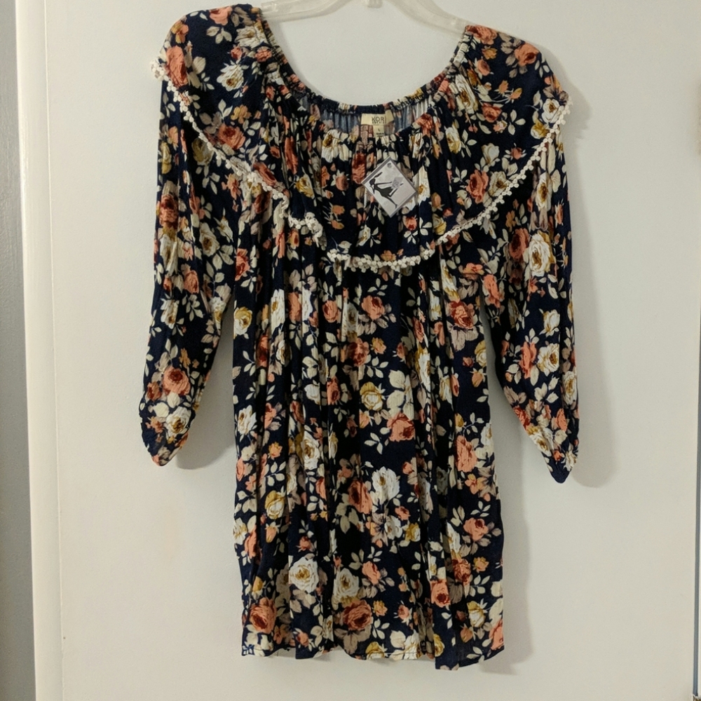 Bohemian style top in navy floral pattern